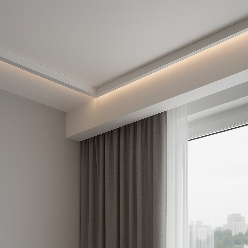 Modern alçıpan perdelik uygulaması, LED aydınlatmalı tavan ve gri perde kombinasyonu